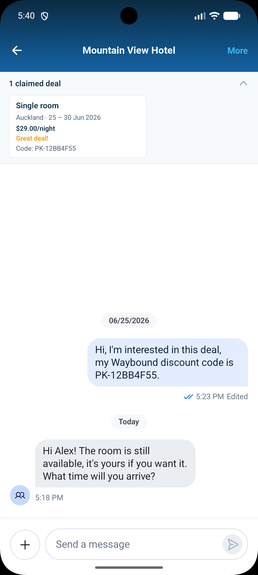 A chat with a hotel after claiming a room deal, showing the discount code