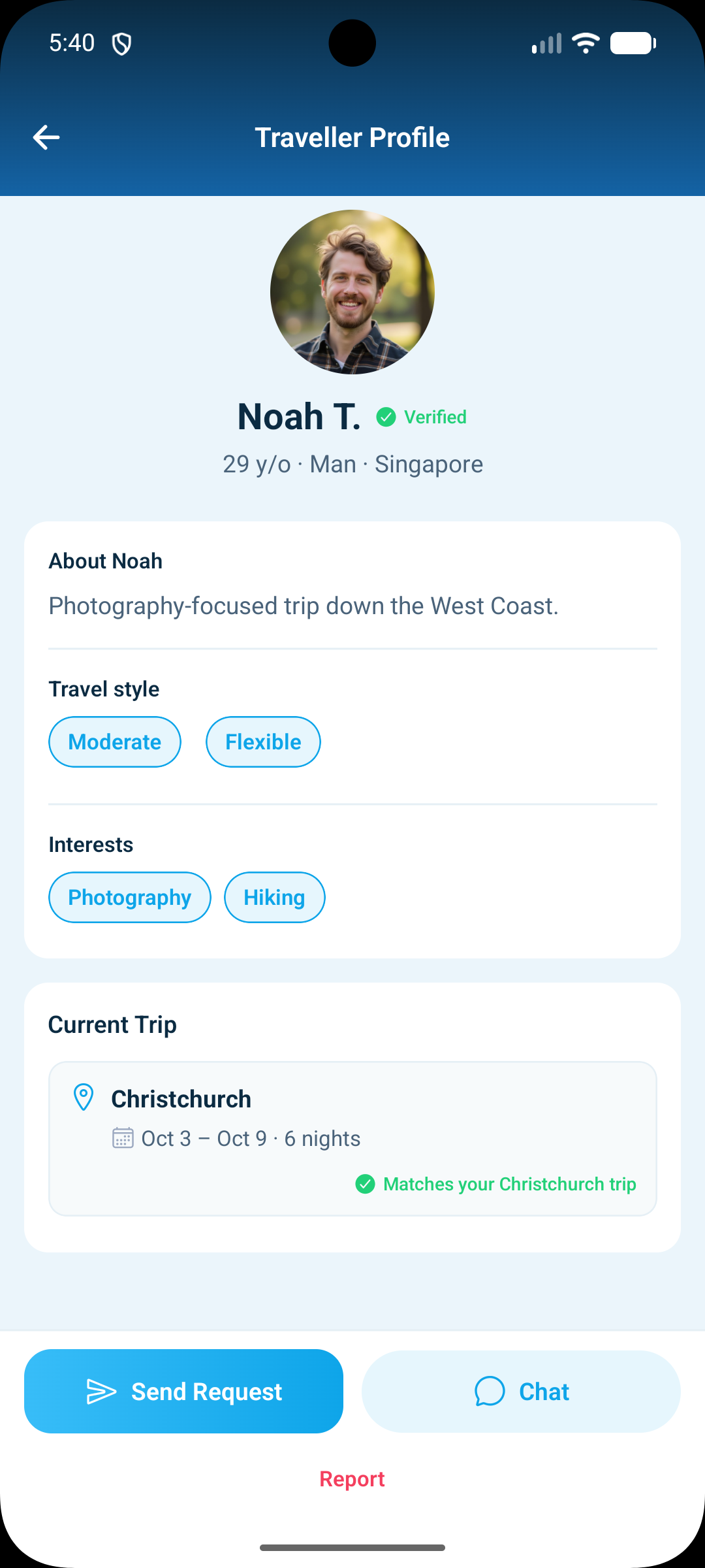 A verified traveller profile showing name initial, age, travel style and current trip